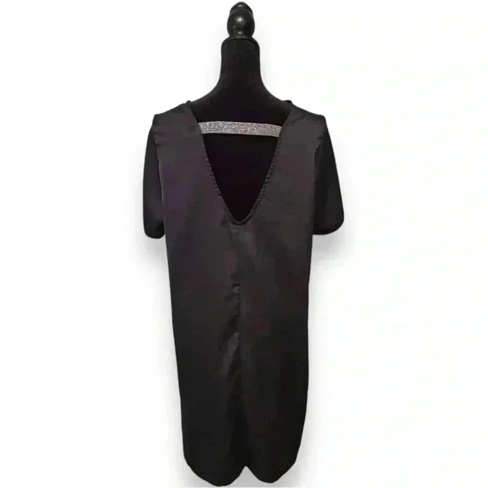 H&M Black Short Sleeve Satin Cutout Sleeve and Back with Silver Detail Minidress - Picture 4 of 16